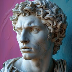 a head sculpture on a purple, blue and pink background, in the style of hellenistic art, post-internet aesthetics, womancore, light cyan and white, appropriation artist, realistic color schemes, flat 