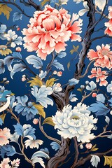 Ornate chinoiserie floral vector, vibrant seamless pattern for luxury textiles ,  flat graphic