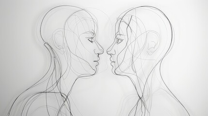 A minimalist line art drawing of two figures facing each other, their forms frozen in a moment of connection, symbolizing the simplicity and purity of love  