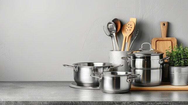 Sophisticated stainless steel cookware set on a gray table with wooden utensils and fresh herbs for modern kitchen decor