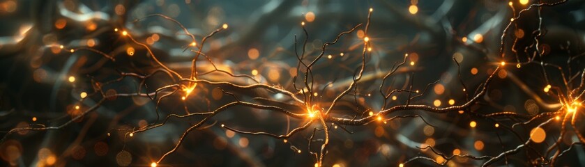 A network of glowing neural pathways branching out in all directions, symbolizing the advancements in artificial intelligence and braincomputer interfaces  