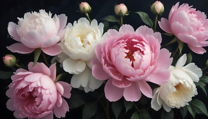 A bouquet of pink and white flowers on a black background. stand out from the dark background. 