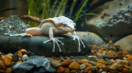 A serene white frog appears contemplative as it rests on a smooth, wet stone surrounded by a tranquil aquatic environment