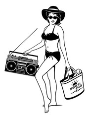Pretty woman in swimsuit with vintage cassette player on a beach party in disco 70s style. Vector clipart isolated on white.