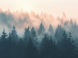 Panoramic landscape of a misty forest at dawn, the silhouettes of trees emerging from the fog, evoking a sense of calm isolation