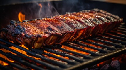 Perfectly marinated ribs cook over a fiery grill, flames licking the meat, embodying the spirit of outdoor culinary delight - obrazy, fototapety, plakaty