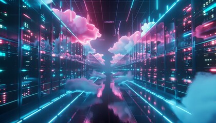 A photorealistic datacenter server room filled with rows of glowing server racks, all connected by a network of cables resembling clouds  