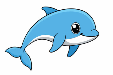 A cartoon dolphin is smiling and swimming in the ocean