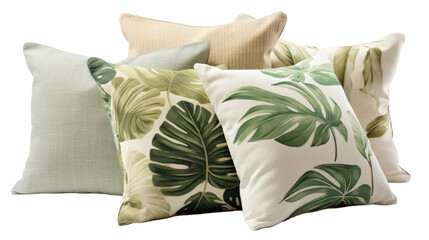 A stack of assorted pillows creating a whimsical tower of softness on transparent background
