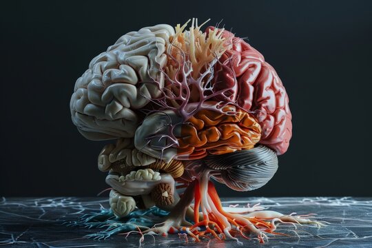 A photorealistic image of a brain dissected to reveal its intricate structure, with different tissues depicted in contrasting colors  