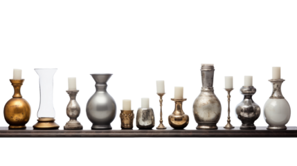 A group of vases of various shapes and sizes sitting on a rustic wooden shelf on transparent background