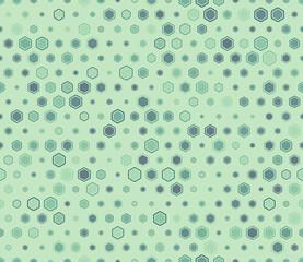 Seamless geometric pattern. Multicolored geometric elements of varied sizes. Bold rounded hexagons mosaic cells with padding and inner solid cells. Honeycomb geometric shapes. Tileable pattern.