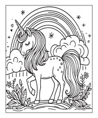 Fototapeta premium unicorn with rainbow coloring page for kids. black and white vector illustration for coloring book, Generative AI