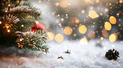 Fototapeta na wymiar Christmas winter background with snow and blurred bokeh .Merry christmas and happy new year greeting card ai generative