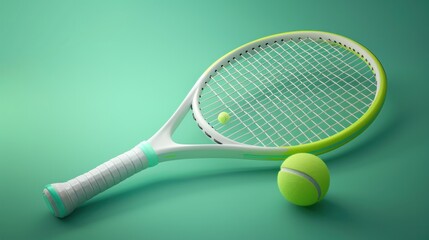 A 3D vector illustration of a tennis racket with a ball, symbolizing sport and game competition concepts.
