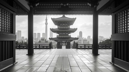 Traditional Shrine Silhouetted Against Modern Cityscape, generative ai
