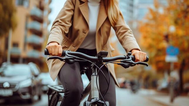 Close-up of woman's hands on bicycle handlebars commuting in autumn city.