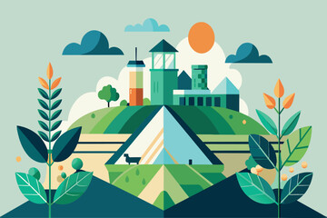 A cityscape with a green hill and a sun in the sky
