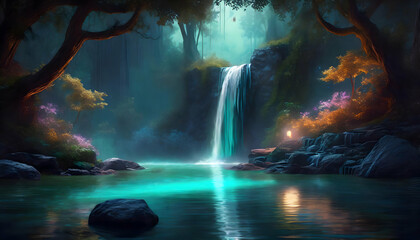 Beautiful small waterfall with tropical forest background, capturing the essence on digital art concept, Generative AI.