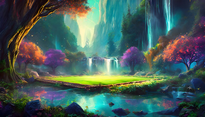 Obraz na płótnie Canvas Beautiful small waterfall with tropical forest background, capturing the essence on digital art concept, Generative AI.