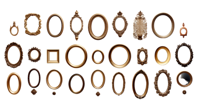 A variety of frames in different shapes, sizes, and designs scattered on a white background on transparent background