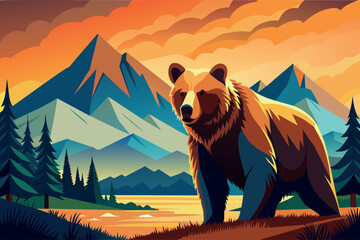 A bear stands in front of a mountain range