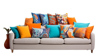 A vibrant couch covered in an abundance of bright and colorful pillows on transparent background