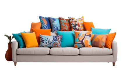 A vibrant couch covered in an abundance of bright and colorful pillows on transparent background