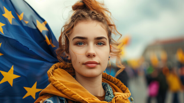 Young woman draped in European Union flag stands for unity and democracy.