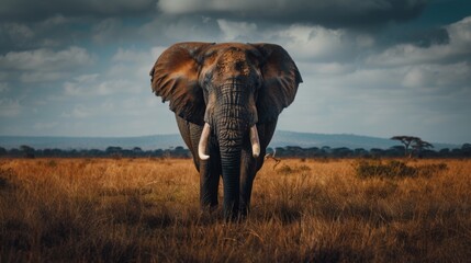 Fototapeta premium The striking profile of a lone elephant against the expanse of the African savannah under a dramatic sky