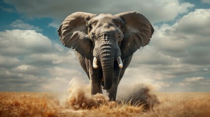 Dynamic image of an African elephant charging with full power, its feet raising clouds of dust in...