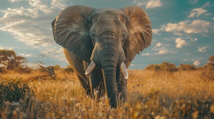 Fototapeta premium A tranquil yet powerful elephant in a field, its ears flared, basked in the ethereal golden light of the setting sun