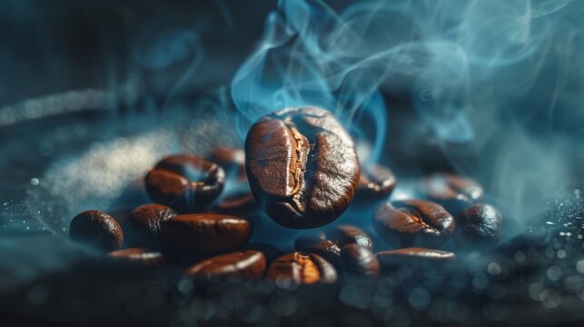 A photorealistic image of a single coffee bean roasting in a hot pan, smoke rising and showcasing the transformation process  
