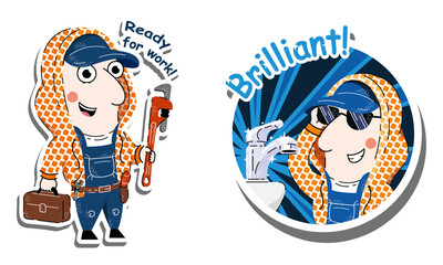 Stickers with a good-natured plumber in overalls and a cap and a hoodie thrown over top in a pattern of orange squares