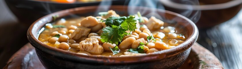 A photorealistic image of a steaming bowl of white chili Large white beans, chunks of chicken, and a creamy broth create a comforting winter dish A sprig of fresh cilantro adds a touch of green  