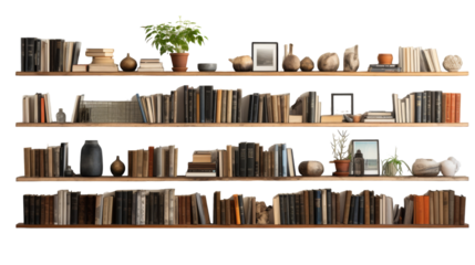 A bookshelf overflowing with books stands next to a lush potted plant on transparent background