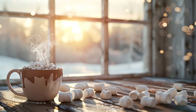 A photorealistic image of a steaming cup of hot chocolate with a pile of fluffy marshmallows on a wooden table next to a window overlooking a snowy winter landscape  