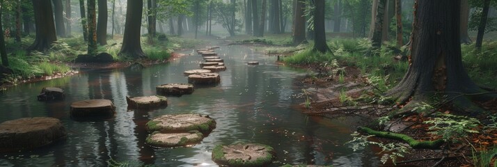 A creek running through a dense forest, with stepping stones placed in the water for crossing