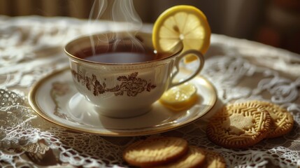 A photorealistic image of a steaming cup of tea with a slice of lemon and a plate of freshly baked cookies on a lace tablecloth 
