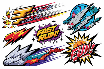 A collection of colorful, cartoonish graphics with the words "fast run"