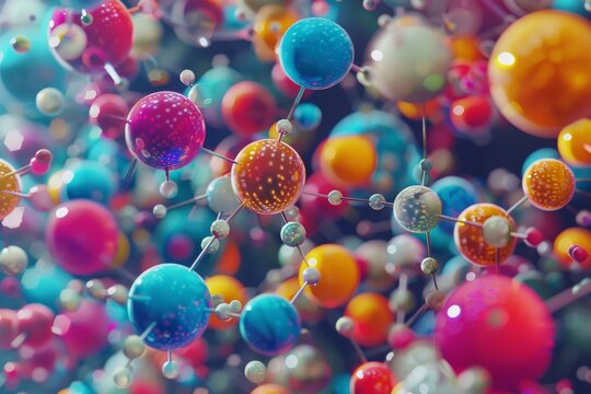 A photorealistic image of colorful spheres connected by intricate bonds, representing various molecules in a 3D space  