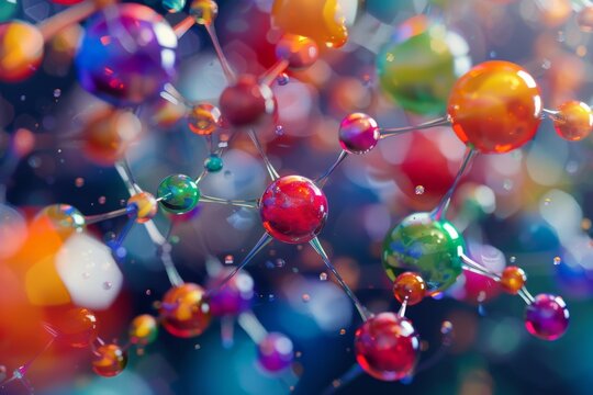 A photorealistic image of colorful spheres connected by intricate bonds, representing various molecules in a 3D space  