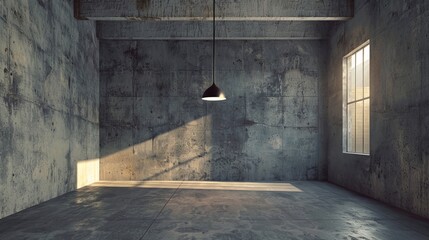 A room with textured, industrial style concrete walls and a high, vaulted ceiling A single pendant lamp hangs from the center, casting a warm glow on the otherwise empty space 