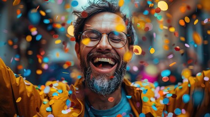 A happy guy in an office environment, sitting in front of a computer with confetti. Generative AI.
