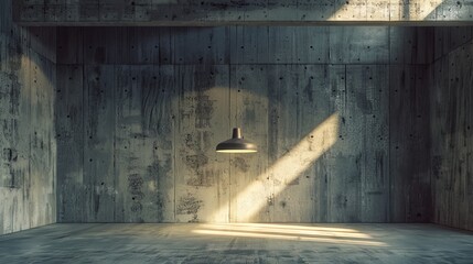 A room with textured, industrial style concrete walls and a high, vaulted ceiling A single pendant lamp hangs from the center, casting a warm glow on the otherwise empty space 