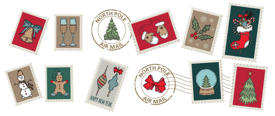 Christmas Stamps hand drawn set. Vector.	
