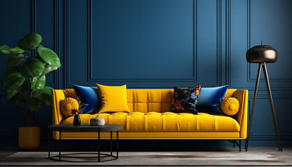 Dark blue smooth sofa model with long yellow cushi