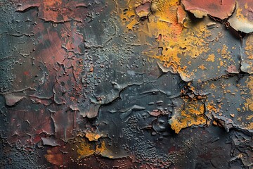 A scratched and dented metal plate with peeling paint, revealing vibrant colors underneath, ideal for a grungy or vintage look   - obrazy, fototapety, plakaty