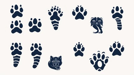 A collection of black and white paw prints with two animal faces creating a pattern against a white background - obrazy, fototapety, plakaty