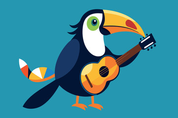 A colorful bird holding a guitar